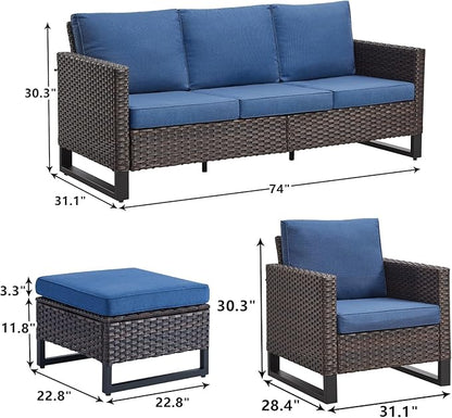 Rilyson Wicker Outdoor Patio Furniture Set - 5 Piece Patio Conversation Set with 2 Wicker Armrest Chairs,2 Rattan Ottoman and 1 Couch for Outside Porch Deck Backyard Garden(Brown/Blue)
