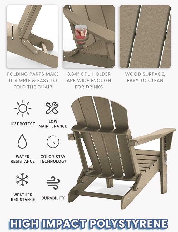 Adirondack Chair with Cup Holder Set of 2, Folding HDPE Patio Chairs, Outdoor Plastic Fire Pit Chair, Wood Texture, Lawn Chairs for Deck, Porch, Backyard, Garden, Weathered Wood