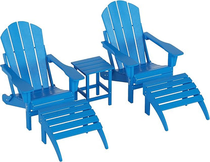 WestinTrends Malibu Outdoor Lounge Chairs Set, 5-Pieces Adirondack Chair Set of 2 with Ottoman and Side Table, All Weather Poly Lumber Patio Lawn Folding Chair for Outside, Pacific Blue