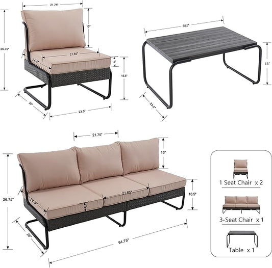 4 Piece Patio Furniture Set, Modern Patio Conversation Set for 5, All Weather Bistro Furniture Set, Metal Patio Sofas Outdoor Sectional with Coffee Table and Cushions for Lawn/Garden, Khaki