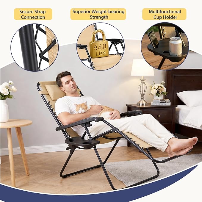 Sweetcrispy Zero Gravity Chairs, Set of 2 Portable Recliner Beach Camping Patio Outdoor Folding Lounge Chair with Cup Holder Trays and Adjustable Pillow for Poolside, Garden, Backyard, Lawn (Khaki)