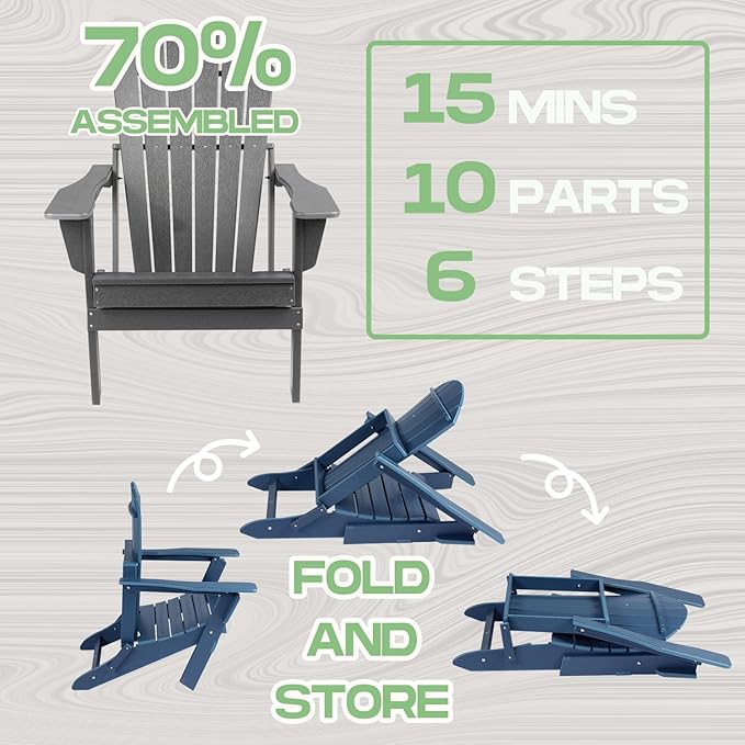 CABIHOME Folding Adirondack Chairs with Wide Armrest and Deep Seat, Foldable Plastic Outdoor Chair, Weather Resistant | Waterproof | UV Resistant for Patio, Lawn Garden Backyard Fire Pit, HDPE, Blue