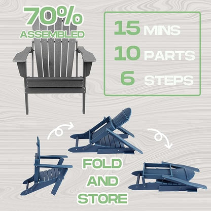 CABIHOME Folding Adirondack Chairs with Wide Armrest and Deep Seat, Foldable Plastic Outdoor Chair, Weather Resistant | Waterproof | UV Resistant for Patio, Lawn Garden Backyard Fire Pit, HDPE, Grey