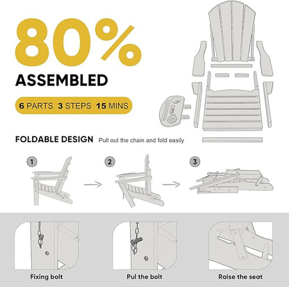 Adirondack Chair, HDPE Folding Adirondack Chair with Multifunctional Cup Holder, Weather Resistant Fire Pit Chair for porches, patios, patios, poolsides, Decks.