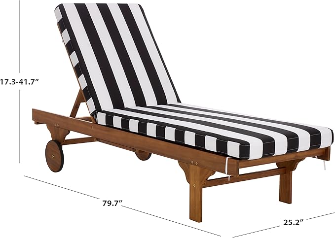 SAFAVIEH Outdoor Patio Furniture Collection - Newport Natural Solid Wood Chaise Lounge Chair with Black Stripe Cushion, Adjustable Backrest (PAT7316E)