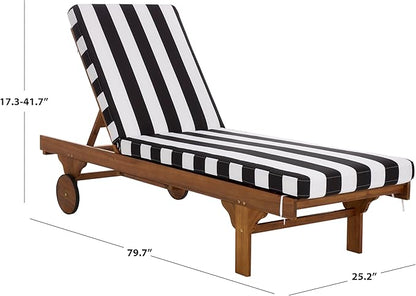 SAFAVIEH Outdoor Patio Furniture Collection - Newport Natural Solid Wood Chaise Lounge Chair with Black Stripe Cushion, Adjustable Backrest (PAT7316E)