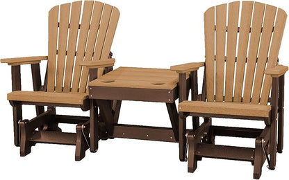 DutchCrafters Slat Fan Back Double Poly Adirondack Glider Outdoor Patio Chairs with Center Table (Tudor Brown & Cedar)