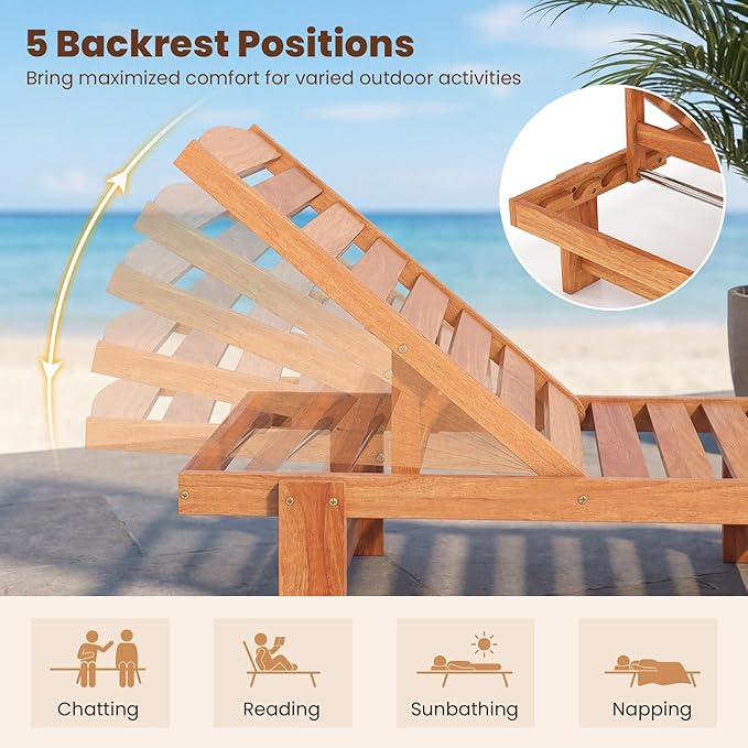 COSTWAY Solid Wood Chaise Lounge, Outdoor Lounge Chair with 5-Position Adjustable Backrest, Wooden Patio Lounger for Sunbathing, Yard, Teak Oil Finished (1)