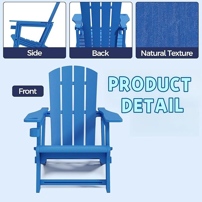 Adirondack Chair, Plastic Adirondack Chair with Cup Holder, Outdoor Weather Resistant Lawn Furniture, 400 LBS Capacity Recliner, Garden Backyard Patio Without Screws Install,Set of 2 Klein Blue