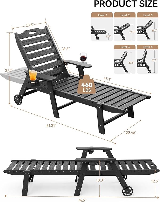 Carauci Lounge Chair Outdoor Set of 2, HDPE Chaise Lounge with Wheels - Photo 3