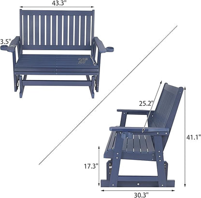 HIPS Patio Glider with Cup Holders, Durable Poly Lumber Material, All-Weather Resistant, High Backrest and Deep Contoured Seat, Heavy Duty 900 LB, for Outdoor, Porch, Patio (Navy Blue, 2-Seat)
