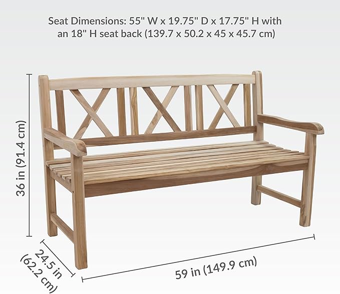 Sunnydaze 2-Person Outdoor Bench for Front Porch or Park - Wooden Teak Patio Garden Bench with Backrest - 675 lb Weight Capacity - Crossback