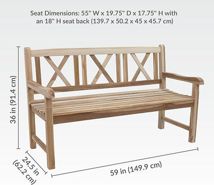 Sunnydaze 2-Person Outdoor Bench for Front Porch or Park - Wooden Teak Patio Garden Bench with Backrest - 675 lb Weight Capacity - Crossback