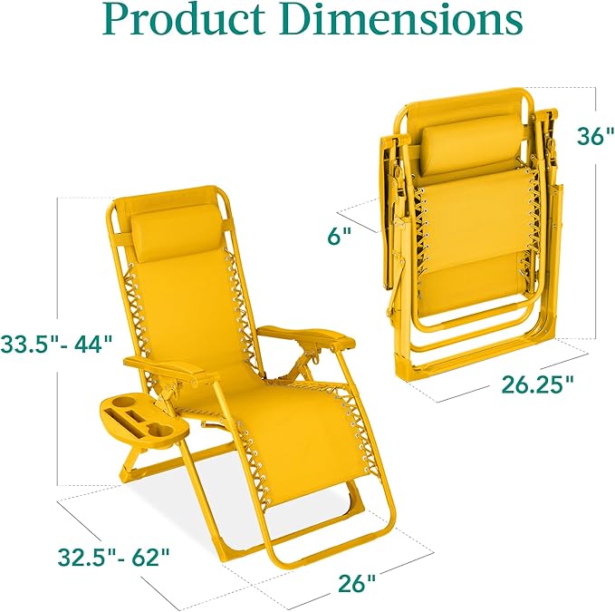 Best Choice Products Adjustable Zero Gravity Chair, Monochromatic Color Folding Patio Recliner w/Side Tray, Headrest - Sunflower