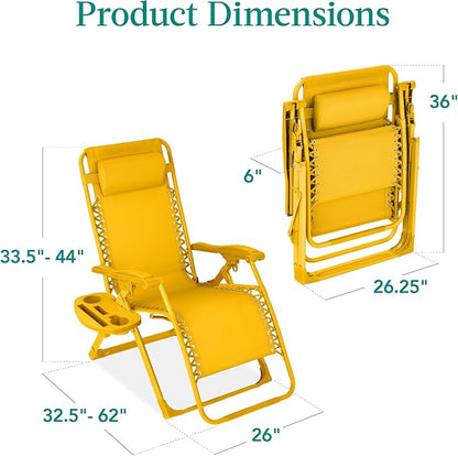 Best Choice Products Adjustable Zero Gravity Chair, Monochromatic Color Folding Patio Recliner w/Side Tray, Headrest - Sunflower