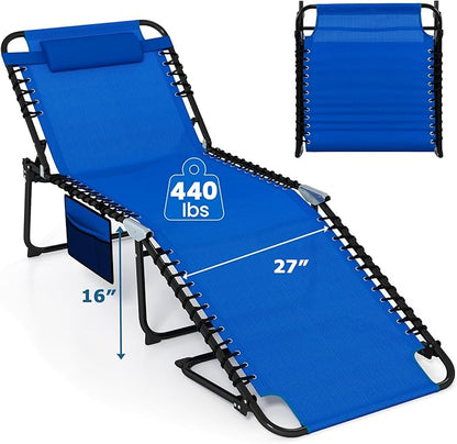 Goplus Extra Large Lounge Chair Outdoor, 27” Wide Folding 5-Position Tanning Chair with Detachable Pillow, Side Pocket, 16” High Chaise Lounger, Patio Lounge Chair for Yard Pool Yard