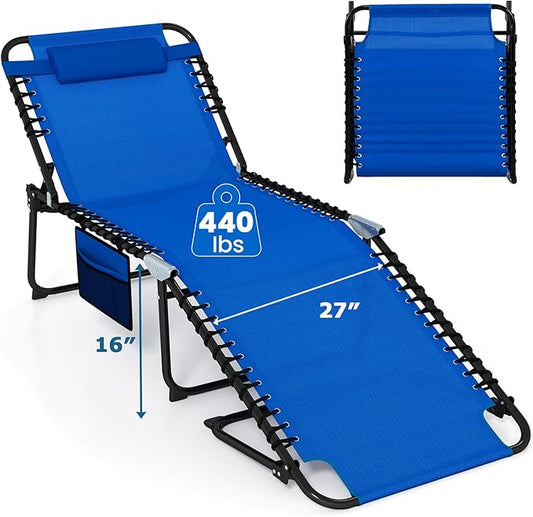 Goplus Extra Large Lounge Chair Outdoor, 27” Wide Folding 5-Position Tanning Chair with Detachable Pillow, Side Pocket, 16” High Chaise Lounger, Patio Lounge Chair for Yard Pool Yard