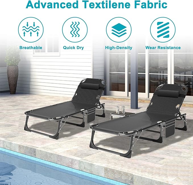 ABORON Heavy Duty Tanning Chair, 5-Gear Outdoor Folding Chaise Lounge Chair with Cushion,Portable Beach Lounge Chair for Outdoor Sunbathing Patio Pool Lawn Deck Poolside (Purplish Blue)