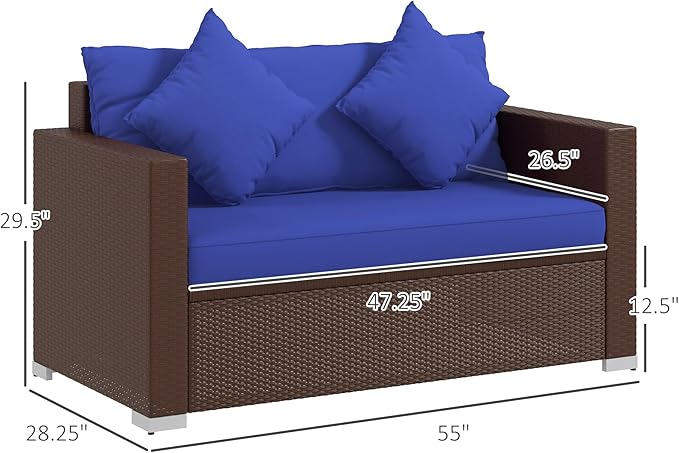Outsunny Patio Wicker Loveseat with Cushions, 2-Seat Outdoor PE Rattan Couch Sofa with Throw Pillows, for Porch - Photo 3