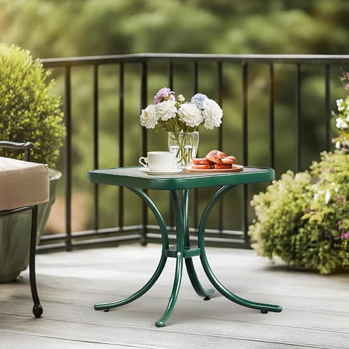 VINGLI Outdoor Side Table, 18" Patio Table Steel Frame Tempered Glass Top, Weatherproof Small Tables for Balcony Garden Poolside (Green, Square)