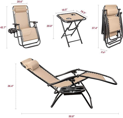 Homall 3 Pcs Zero Gravity Chair Patio Folding Recliner Outdoor Chaise Lounge Chairs Portable Reclining Chair Set with Side Table (Beige)