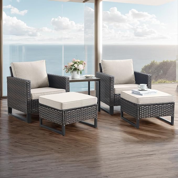 Rilyson Wicker Outdoor Patio Furniture Set - 5 Piece Patio Conversation Set with 2 Wicker Armrest Chairs - Photo 6