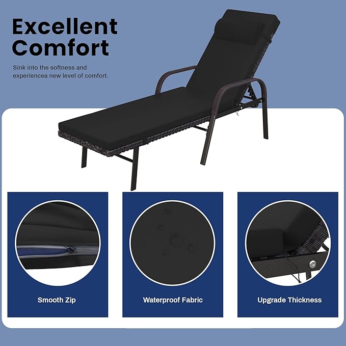 Patio Chaise Lounge Set 3 Pieces Pool Lounge Chairs,Cushioned Outdoor Folding Lounge Chair w/Arm and Rattan Adjustable Backrest for Poolside Porch,Folding Table Included,Black
