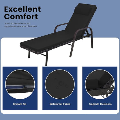 Patio Chaise Lounge Set 3 Pieces Pool Lounge Chairs,Cushioned Outdoor Folding Lounge Chair w/Arm and Rattan Adjustable Backrest for Poolside Porch,Folding Table Included,Black