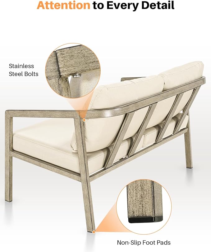 Outdoor Patio Loveseat, Never-Rust Aluminum Outdoor Loveseat Couch with Thick Cushions, Modern 2-Seater Patio Sofa Bench, Outdoor Sofa Loveseat Furniture for Poolside, Garden, Gray Oak | Never-Rust, Wood-Grain Texture, Wraparound Design, Removable Cush...