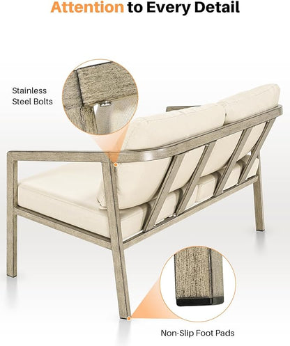 Outdoor Patio Loveseat, Never-Rust Aluminum Outdoor Loveseat Couch with Thick Cushions, Modern 2-Seater Patio Sofa Bench, Outdoor Sofa Loveseat Furniture for Poolside, Garden, Gray Oak | Never-Rust, Wood-Grain Texture, Wraparound Design, Removable Cush...