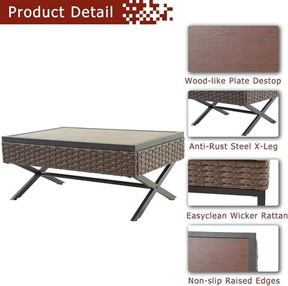 Festival Depot Metal Outdoor Side Coffee End Table Patio Bistro Living Room Dining Table Wood Grain Top Wicker Rattan Furniture with X Shaped Steel Legs Brown Black (Rectangle)