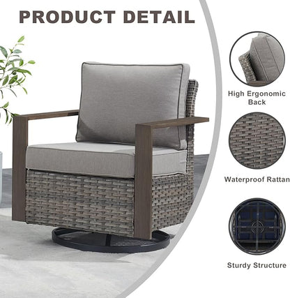 Outdoor Patio Swivel Rocker Chairs - 3 Piece Wicker Patio Furniture Bistro Set with 2 Swivel Rocking Chairs and 1 Metal Side Table,Thick Cushions,Deep Seating for Deck Porch Garden(Mixed Grey/Grey)
