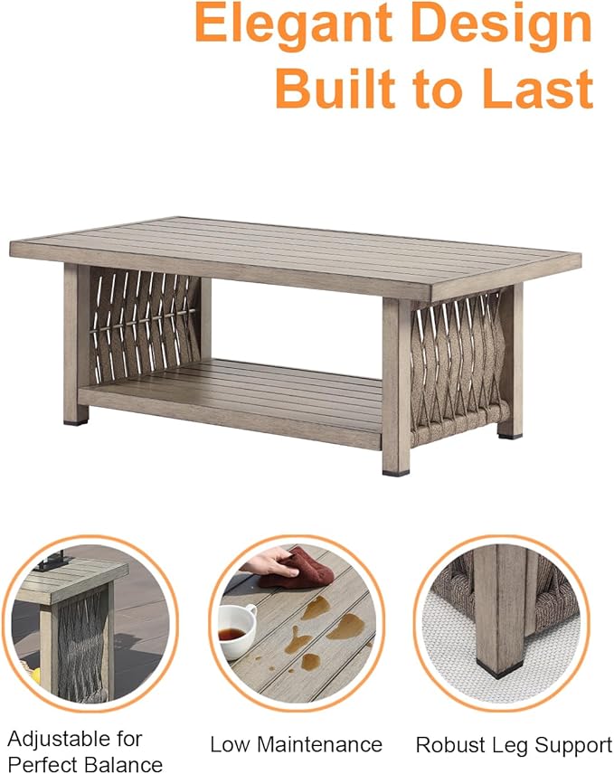 Outdoor Coffee Table, Never Rusts Aluminum Rope Weave Patio Coffee Table - Photo 7
