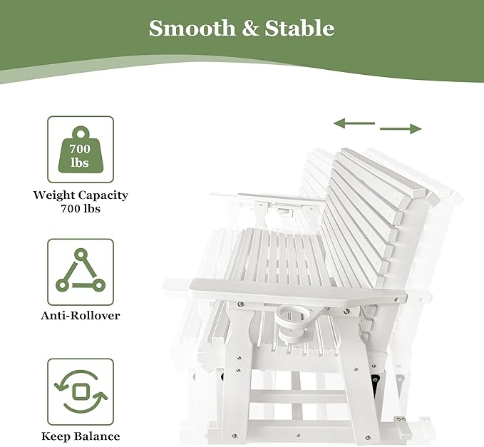 HDPE Patio Glider, Poly Lumber Weather-Resistant Outdoor Glider Bench, for Patio, Porch, Yard (Ivory White, 2-Seater)