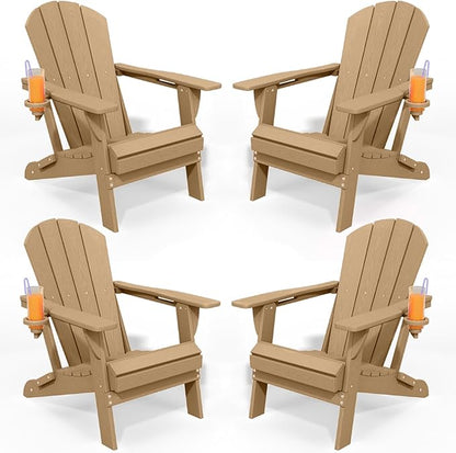 Foldable Adirondack Chair with Cup Holder-Heavy Duty Recycled HDPE Outdoor Patio Furniture, Weather Resistant Deck Lawn Fire Pit Chair (Brown, 4 Chair)