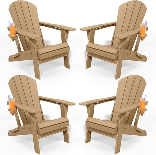 Foldable Adirondack Chair with Cup Holder-Heavy Duty Recycled HDPE Outdoor Patio Furniture, Weather Resistant Deck Lawn Fire Pit Chair (Brown, 4 Chair)