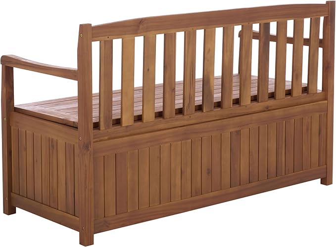 SAFAVIEH Outdoor Patio Furniture Collection – Kelter Solid Teak Wood Bench Box with Storage, Slatted Design, Versatile Indoor/Outdoor Seating (PAT6813A)