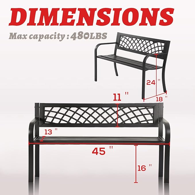 HCY Garden Bench Outdoor Metal Bench Patio Garden Bench Sturdy Steel Frame Furniture for Outdoor,Yard, Park, Porch, Entryway, Lawn,(Black), 45''x18''x30''