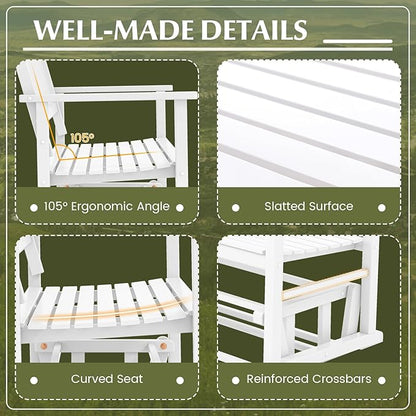 Tangkula 2 Person Outdoor Glider Bench, Poplar Wood Patio Swing Glider Loveseat with Armrests, Slatted Seat & Backrest, Porch Rocking Glider Bench for Backyard, Garden, Deck (White)