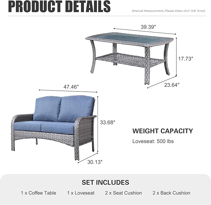 HOOOWOOO Patio Furniture Set, Outdoor High Back Loveseat Set, All Weather Wicker 2-Seater-Sofa Love Seat with Long Table - Photo 6