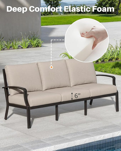 3-Seater Outdoor Patio Couch, Never-Rust Aluminum Outdoor Sofa, Spacious Patio Sofa Couch with Thick Cushion, 3 Seats Outdoor Club Sofa Patio Furniture Sofa for Backyard, Garden, Dark Bronze
