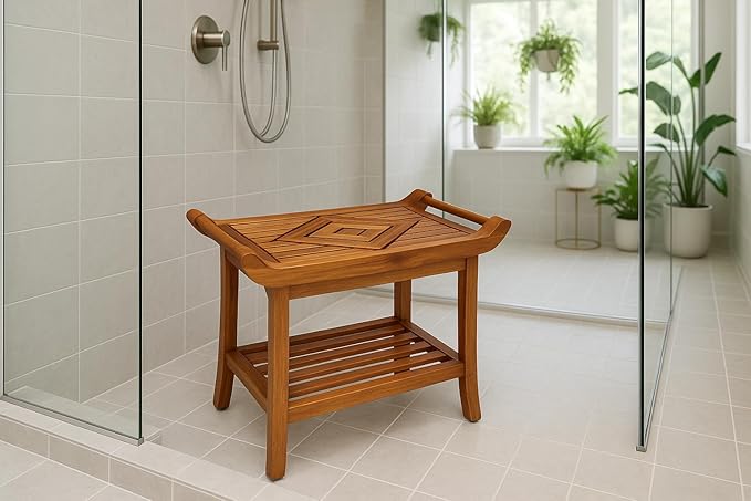 Luxury Teak Shower Bench Stool Seat Chair with Leveling Feet, Waterproof, Teak Oil Finish, Large, 25x19x14, for Bathroom, Spa, Sauna, Pool Deck, Patio, Garden, RV, from Our Diamond Collection