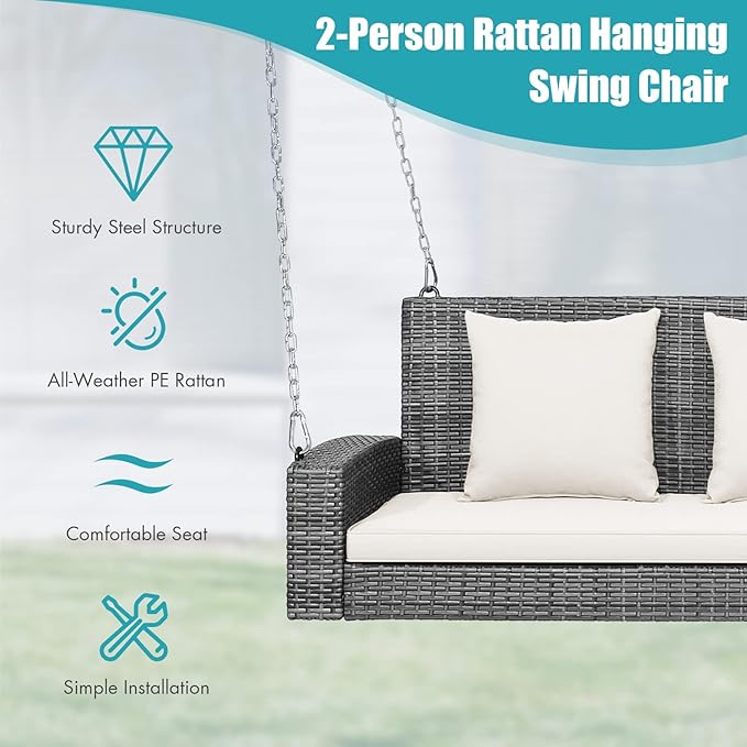 RELAX4LIFE 2-Person Porch Swing Bench - PE Rattan Outdoor Swing Chair with Comfortable Seat & Back Cushions - Photo 7