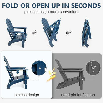Folding Adirondack Chairs Set of 2, All Weather Stable Gun-Leg Design Fire Pit Chairs with Cupholder for Outside
