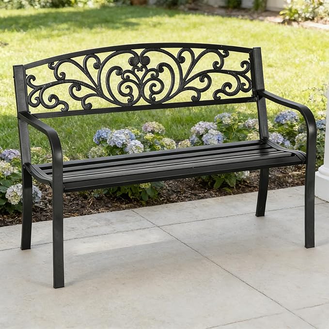50" Metal Garden Benches for Outside, Front Porch Bench with Floral Pattern Backrest, Patio Yard Benches with Slatted Seat for Outdoors Park/Entryway/Backyard (Black)