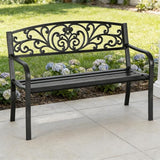 50" Metal Garden Benches for Outside, Front Porch Bench with Floral Pattern Backrest - Photo 1
