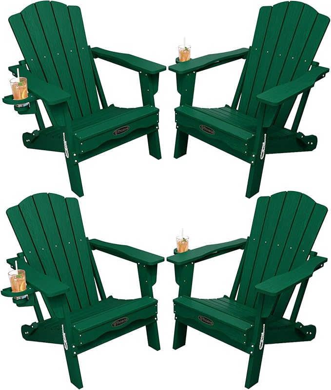 Folding Adirondack Chair Set of 4,HDPE All-Weather Outdoor Chair with Cup Holder,Wooden Textured,Fire Pit Chair,Plastic Patio Chair for Deck,Backyard,Garden,Lawn(Green)