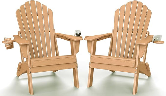 Plawdlik Folding Adirondack Chair Set of 2 with 2 Cup Holder,SGS Tested,Widened Heavy All-Weather HDPE Comfortable Seating,Wooden Textured, Ourdoor Patio Chairs,Teak