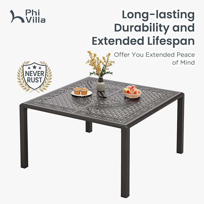 PHI VILLA Aluminum Patio Dining Tables for 8 Person, 53" Square Outdoor Table with 2.1" Umbrella Hole, Lawn Garden Tables for Outside All Weather