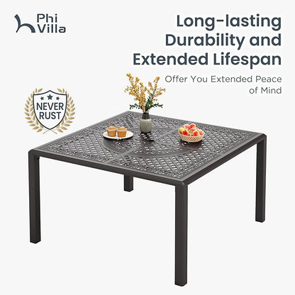 PHI VILLA Aluminum Patio Dining Tables for 8 Person, 53" Square Outdoor Table with 2.1" Umbrella Hole, Lawn Garden Tables for Outside All Weather